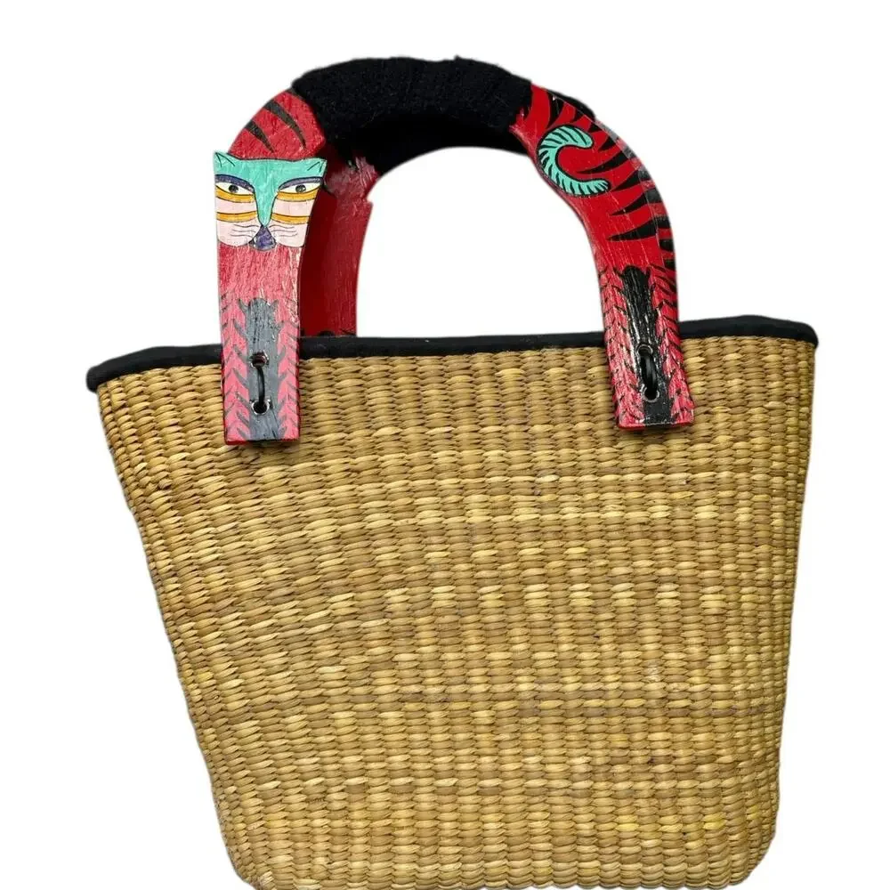 Wooden Handle Straw Basket Bag Purse Tote Hand Painted Cats